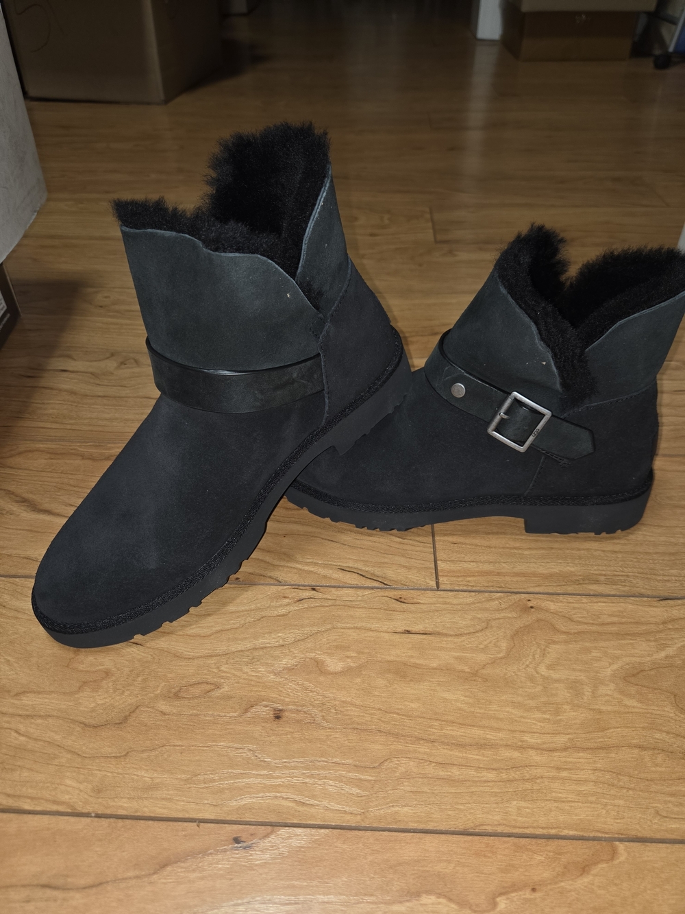 UGG Black Suede Shearling Buckle Ankle Boots
